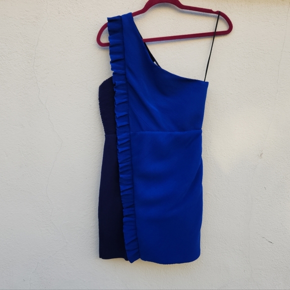 SANDRO Rdv One-shoulder Ruffled Pleated Crepe Dress In Blue - Picture 3 of 11